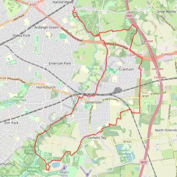 Harold Wood - Hornchurch Country Park - Corbets Tey - Folkes Lane Wood trail, distance, elevation, map, profile, GPS track